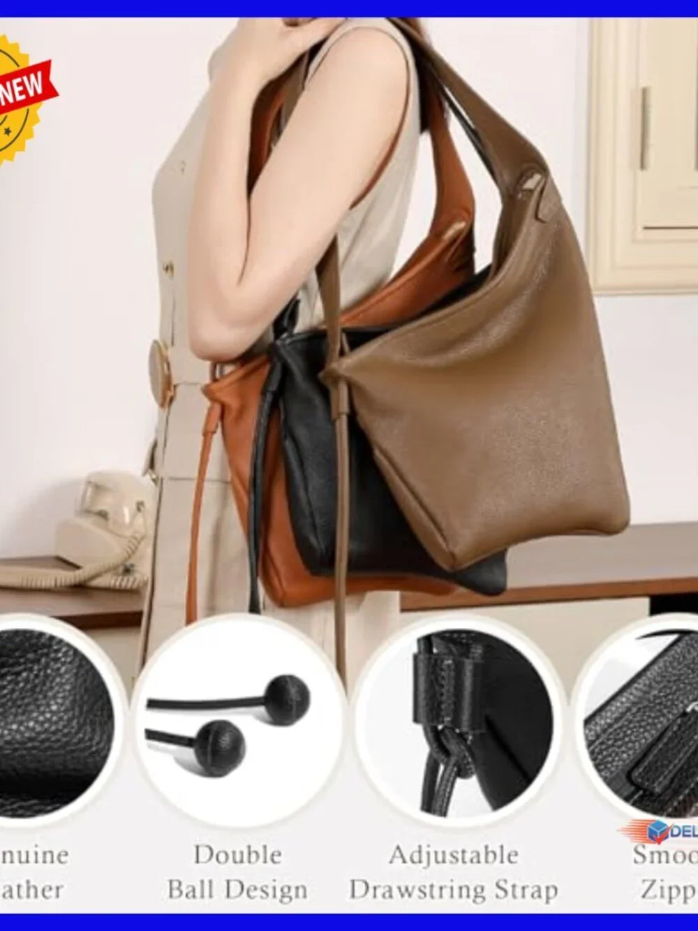Genuine Leather Hobo Tote Bag with Adjustable Crossbody Strap